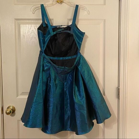 Blondie Nites A-Line Dress Junior Cage-Back Pleated Metallic Blue 11 - Picture 8 of 9
